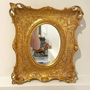 Ornate Italian Giltwood Gold Leaf Mirror Rectangular 14"x16" Frame, Oval Mirror
